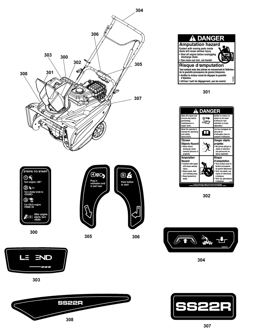 Decals Group Diagram and Parts List for 1697349-01-SS22R 2020 Briggs and Stratton Snow Blower